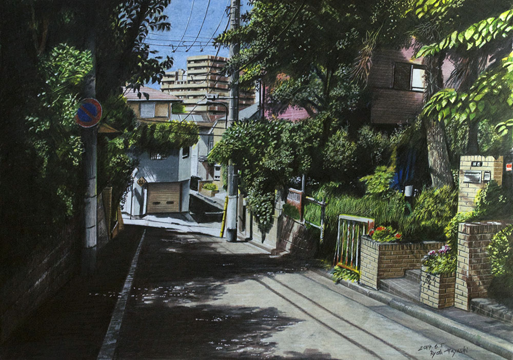 cityscape, colored_pencil_(medium), dated, original, power_lines, real_world_location, road, road_sign
