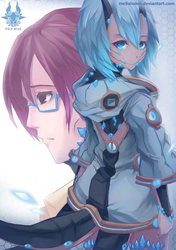 1boy, 1girl, blue_eyes, brown_eyes, brown_hair, copyright_name, ellen_(pale_blue), erwin_winata, glasses, horns, looking_back, monster_girl, multiple_tails, pale_blue, professor_(pale_blue), tail, watermark, web_address