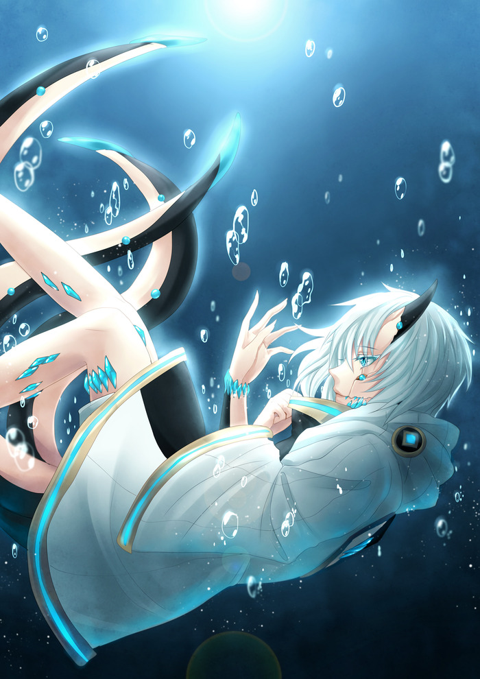 1girl, blue_eyes, bubble, ellen_(pale_blue), horns, monster_girl, multiple_tails, oryza_tomasouw