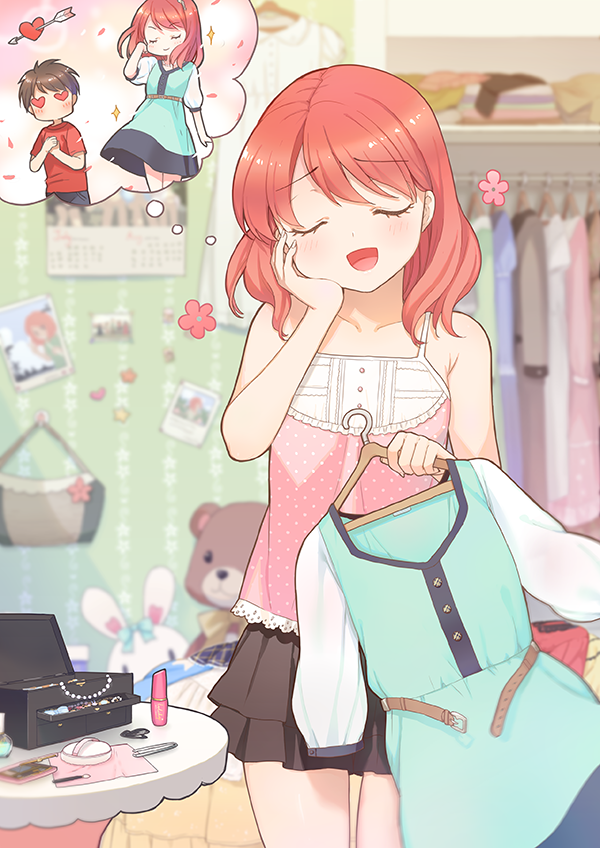 1boy, 1girl, arrow_through_heart, belt, blush, brown_hair, closed_eyes, clothes_hanger, collarbone, dress, flower, green_dress, hand_on_own_chin, hands_together, heart, heart_eyes, holding, imagining, jewelry, open_mouth, original, picture_(object), redhead, shirt, short_hair, short_sleeves, skirt, sleeveless, smile, spaghetti_strap, sparkle, t-shirt, table, thought_bubble, xiangtu