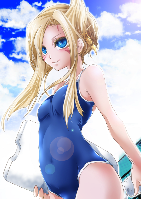 1girl, blonde_hair, blue_eyes, character_request, competition_school_swimsuit, esunoji, kickboard, long_hair