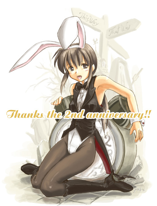animal_ears, blush, boots, bowtie, brown_eyes, brown_hair, bunny_ears, bunnysuit