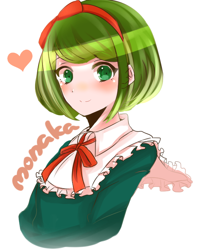1girl, blush, bow, character_name, dangan_ronpa, frills, green_eyes, green_hair, hair_bow, hairband, heart, konome_(kh_snow_life), monica_(dangan_ronpa), short_hair, smile, solo, zettai_zetsubou_shoujo