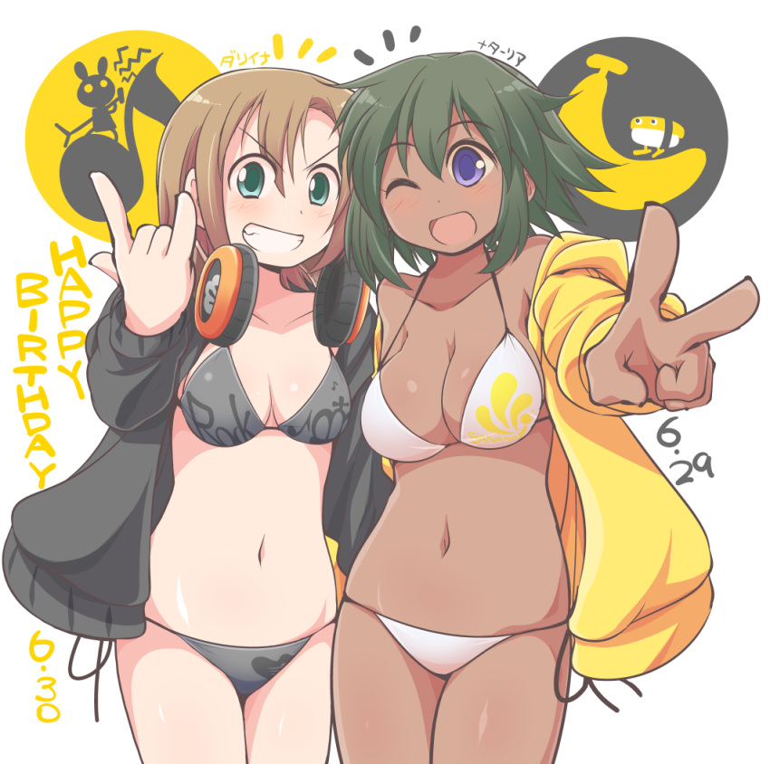 2girls, bad_id, bad_pixiv_id, bikini, black_bikini, blush, breasts, brown_hair, celebi_ryousangata, dark-skinned_female, dark_green_hair, dark_skin, female, female_duo, female_only, green_eyes, green_hair, grin, idolmaster, idolmaster_cinderella_girls, jacket, large_breasts, light_brown_hair, looking_at_viewer, medium_breasts, multiple_girls, natalia_(idolmaster), one_eye_closed, open-mouth_smile, open_mouth, pale-skinned_female, purple_eyes, short_hair, swimsuit, tada_riina, v, violet_eyes