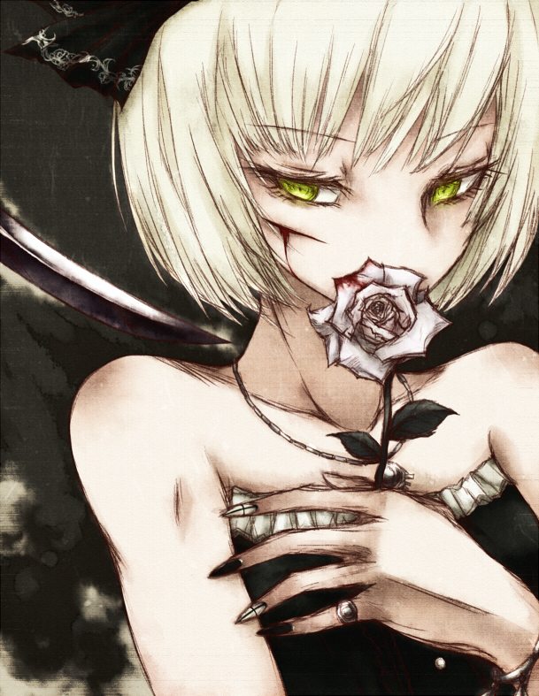 1girl, alternate_costume, bare_shoulders, bleeding, blood, bracelet, bust, collarbone