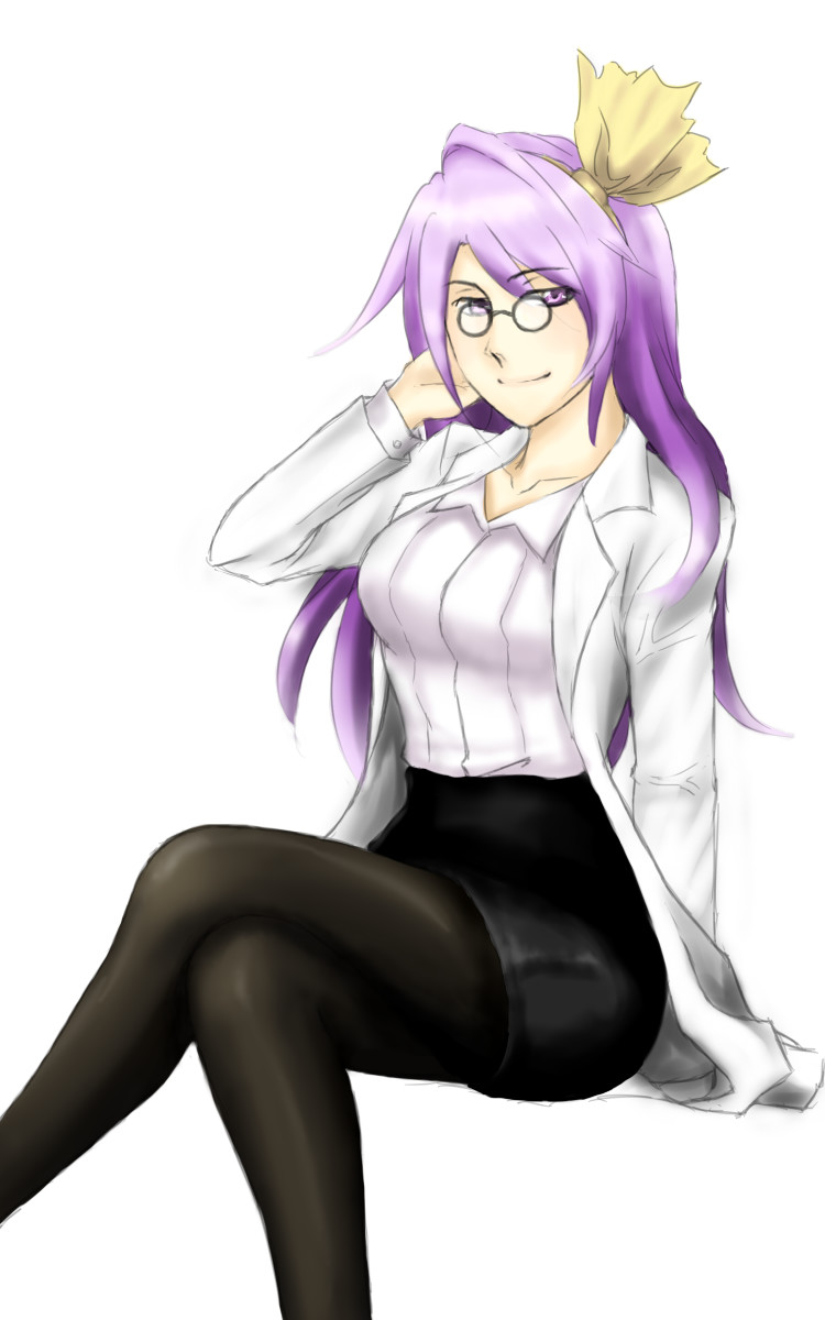 asakura_rikako, aterumichino, black_legwear, black_skirt, breasts, collared_shirt, crossed_legs, glasses