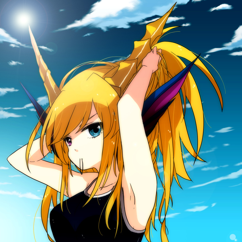 1girl, armpits, arms_up, bare_shoulders, blonde_hair, blue_eyes, blue_sky, blue_swimsuit