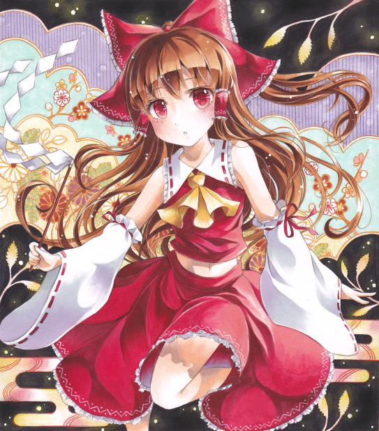 1girl, :o, ascot, bow, brown_hair, colored_pencil_(medium), detached_sleeves, egasumi