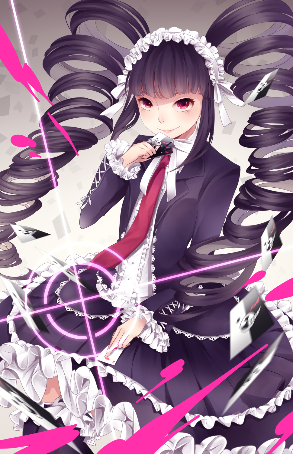 1girl, aya_(8819062), black_hair, black_legwear, bonnet, card, celestia_rudenberk, dangan_ronpa
