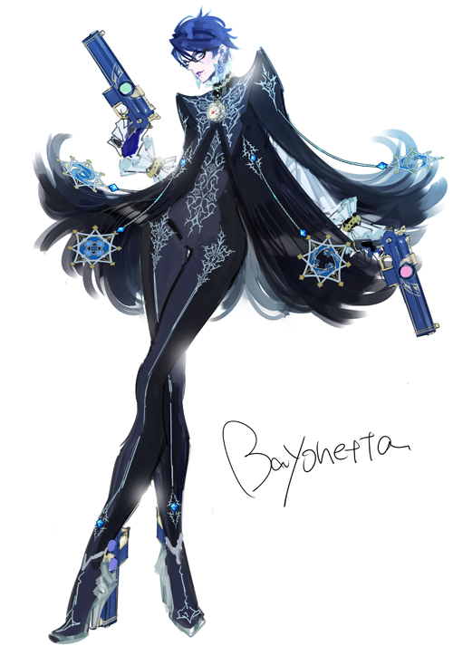 1girl, alternate_hair_length, alternate_hairstyle, bayonetta, bayonetta_(character), bayonetta_2, black_hair, blue_eyes