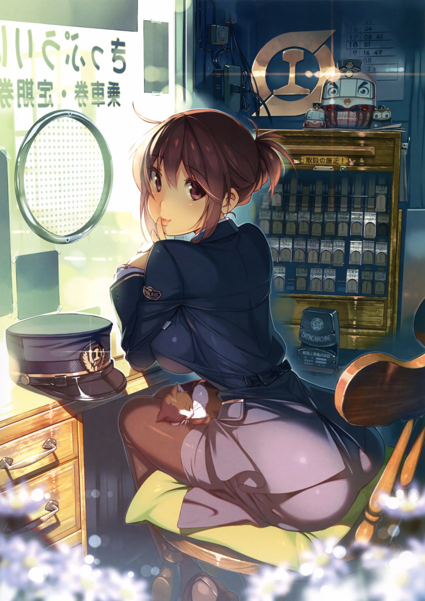 1girl, absurdres, black_legwear, blurry, breasts, brown_eyes, brown_hair, cat, depth_of_field, finger_to_mouth, flower, hair_up, hat, highres, large_breasts, lips, looking_at_viewer, pantyhose, police, police_box, police_uniform, policewoman, rail_wars!, scan, short_hair, sitting, skirt, sleeping, solo, sparkle, tongue, tongue_out, uniform, vania600