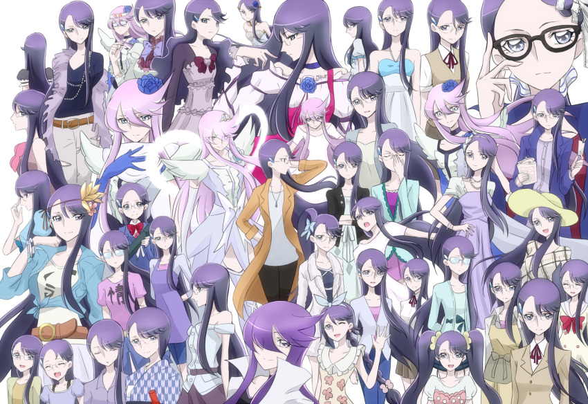 6+girls, alternate_costume, alternate_hairstyle, bare_shoulders, belt, bowtie, closed_eyes, collage, cure_moonlight, cure_moonlight_mirage, dress, eyelashes, fashion, gacchahero, glasses, hair_ornament, hair_ribbon, hairclip, happy, heartcatch_precure!, henshin, jacket, japanese_clothes, kimono, long_hair, looking_at_viewer, magical_girl, multiple_girls, multiple_persona, open_mouth, ponytail, precure, purple_hair, ribbon, school_uniform, shirt, simple_background, skirt, smile, super_silhouette_(heartcatch_precure!), tagme, transformation, translation_request, tsukikage_yuri, twintails, violet_eyes, white_background
