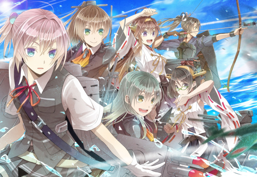 6+girls, ahoge, aqua_eyes, ascot, bow_(weapon), brown_hair, detached_sleeves, gloves, grey_hair, hair_ornament, hairband, hairclip, japanese_clothes, kantai_collection, kirishima_(kantai_collection), kongou_(kantai_collection), kumano_(kantai_collection), long_hair, long_sleeves, mizuchaya_youkan, multiple_girls, muneate, nontraditional_miko, ocean_prince, open_mouth, pink_hair, ponytail, school_uniform, shiranui_(kantai_collection), short_hair, single_glove, smile, suzuya_(kantai_collection), twintails, violet_eyes, weapon, white_gloves, zuikaku_(kantai_collection)
