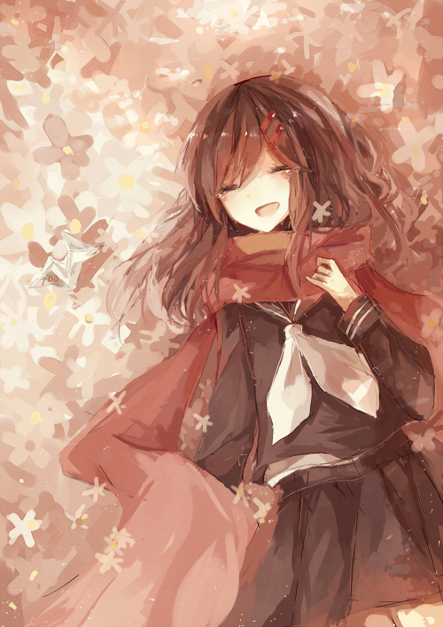 1girl, apple_da-ze, brown_hair, closed_eyes, flower_(symbol), hair_ornament, hairclip, kagerou_project