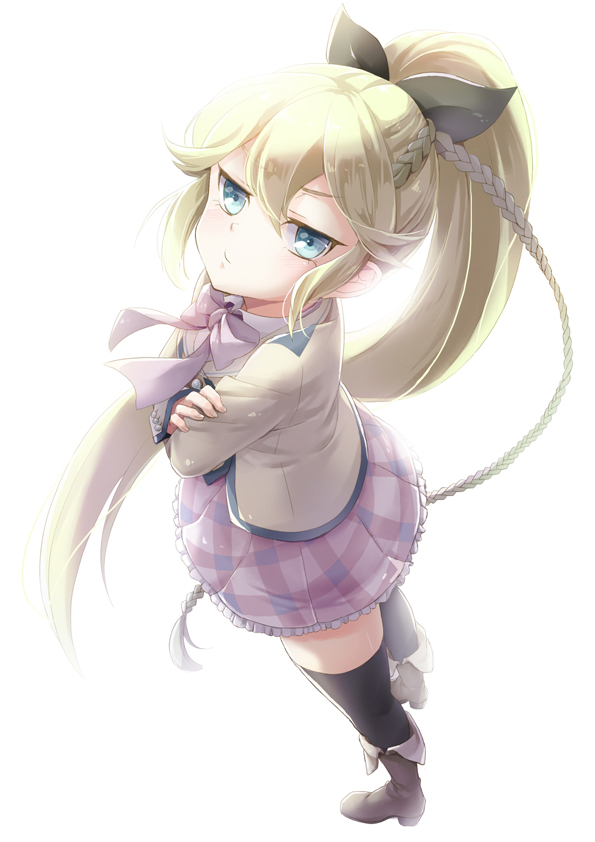 1girl, black_legwear, blonde_hair, blue_eyes, bow, hair_bow, hodaka, kanojo_ga_flag_wo_oraretara