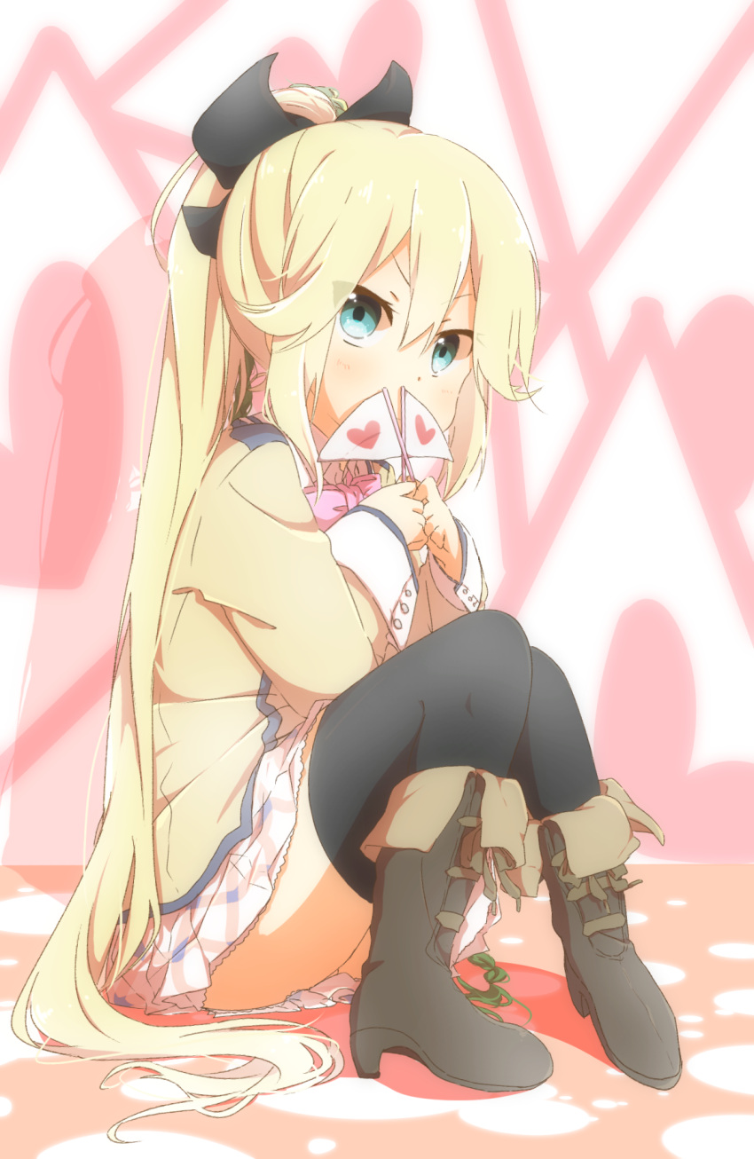 1girl, black_legwear, blonde_hair, blue_eyes, bow, covered_mouth, flag, hair_bow