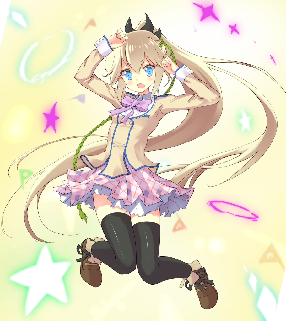 1girl, black_legwear, blonde_hair, blue_eyes, bow, flag, hair_bow, jumping