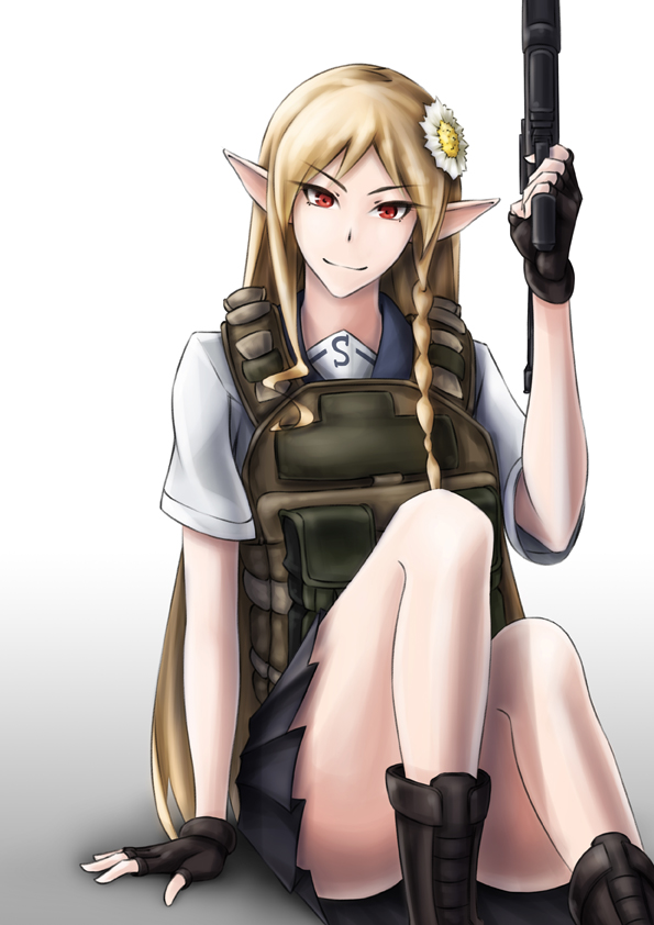 1girl, blonde_hair, braid, elf, flower, gun, hair_flower, hair_ornament