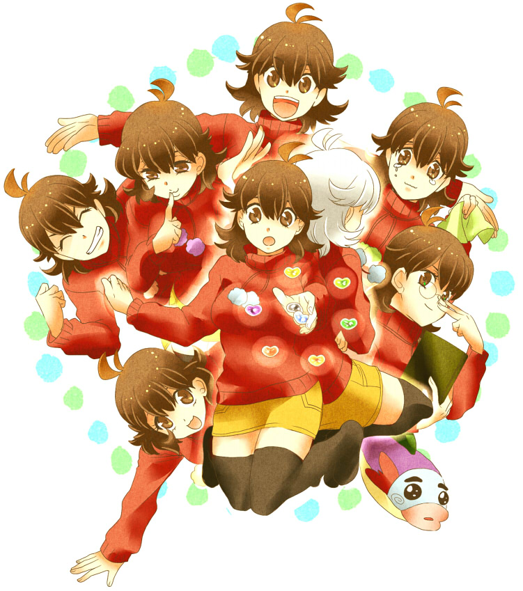 6+girls, :3, back-to-back, book, brown_eyes, brown_hair, closed_eyes, finger_to_mouth, fish, jamanana, kneeling, multiple_girls, multiple_persona, nanacchi, nanakko, nanapon, nanappe, nanarin, nanasama, open_mouth, shichinin_no_nana, short_hair, skirt, skllp, smile, suzuki_nana, sweater, tears, thigh-highs, white_hair, zettai_ryouiki