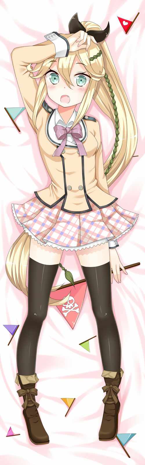 1girl, black_legwear, blonde_hair, blue_eyes, blush, bow, flag, hair_bow