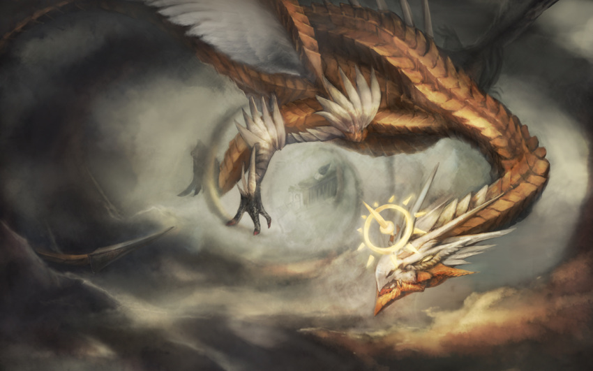 clouds, dark_sky, dragon, feathered_wings, flying, halo, holy_skydragon_shangri-la_(p&amp;d), horns, jason_kong, monster, no_humans, no_pupils, pillar, puzzle_&amp;_dragons, ruins, scales, sky, solo, spikes, tail, white_wings, wings, yellow_eyes