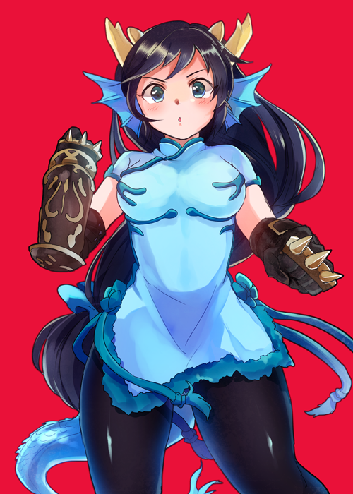 >:o, 1girl, :o, black_gloves, black_hair, black_legwear, blue_dress, blue_eyes