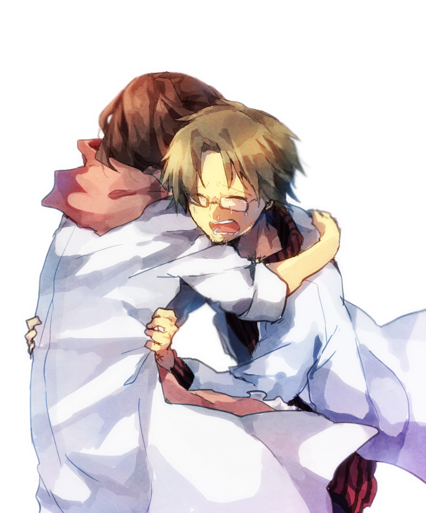 1boy, 1girl, brown_hair, closed_eyes, facial_hair, glasses, husband_and_wife, kagerou_project