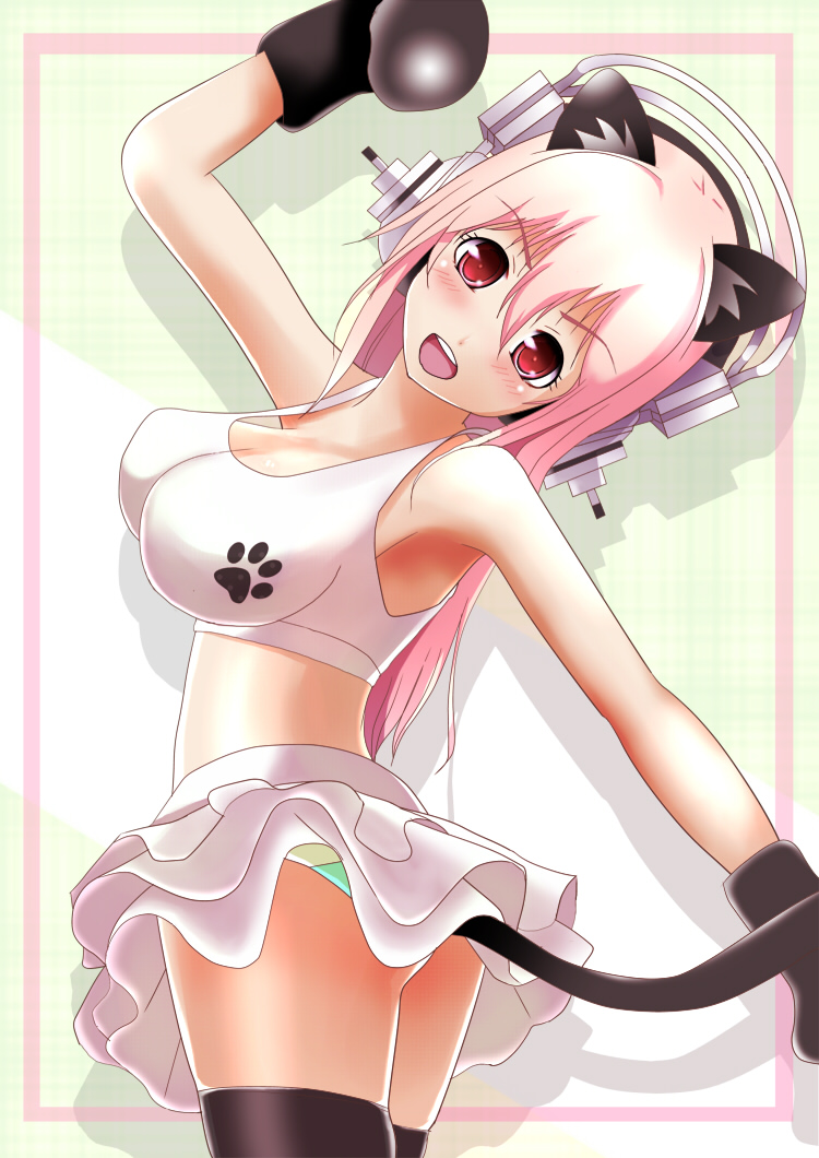 1girl, animal_ears, armpits, blush, boxing_gloves, breasts, cat_ears, cleavage, headphones, konbeki, large_breasts, long_hair, looking_at_viewer, nitroplus, open_mouth, pink_hair, red_eyes, smile, solo, super_sonico