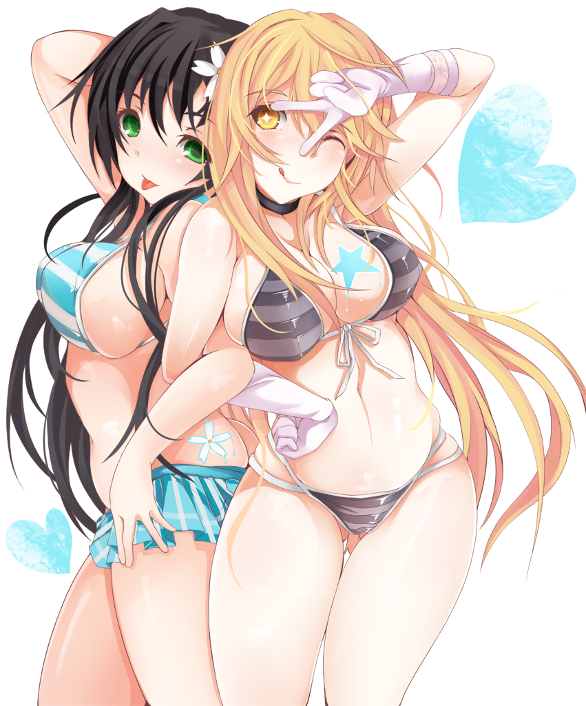+_+, 1girl, 2girls, :p, ;q, back-to-back, bikini, black_hair, blonde_hair, choker, flower, front-tie_top, gloves, green_eyes, hair_flower, hair_ornament, kizaki_aoi, long_hair, multiple_girls, one_eye_closed, saten_ruiko, shokuhou_misaki, string_bikini, swimsuit, to_aru_kagaku_no_railgun, to_aru_majutsu_no_index, tongue, tongue_out, v_over_eye, yellow_eyes