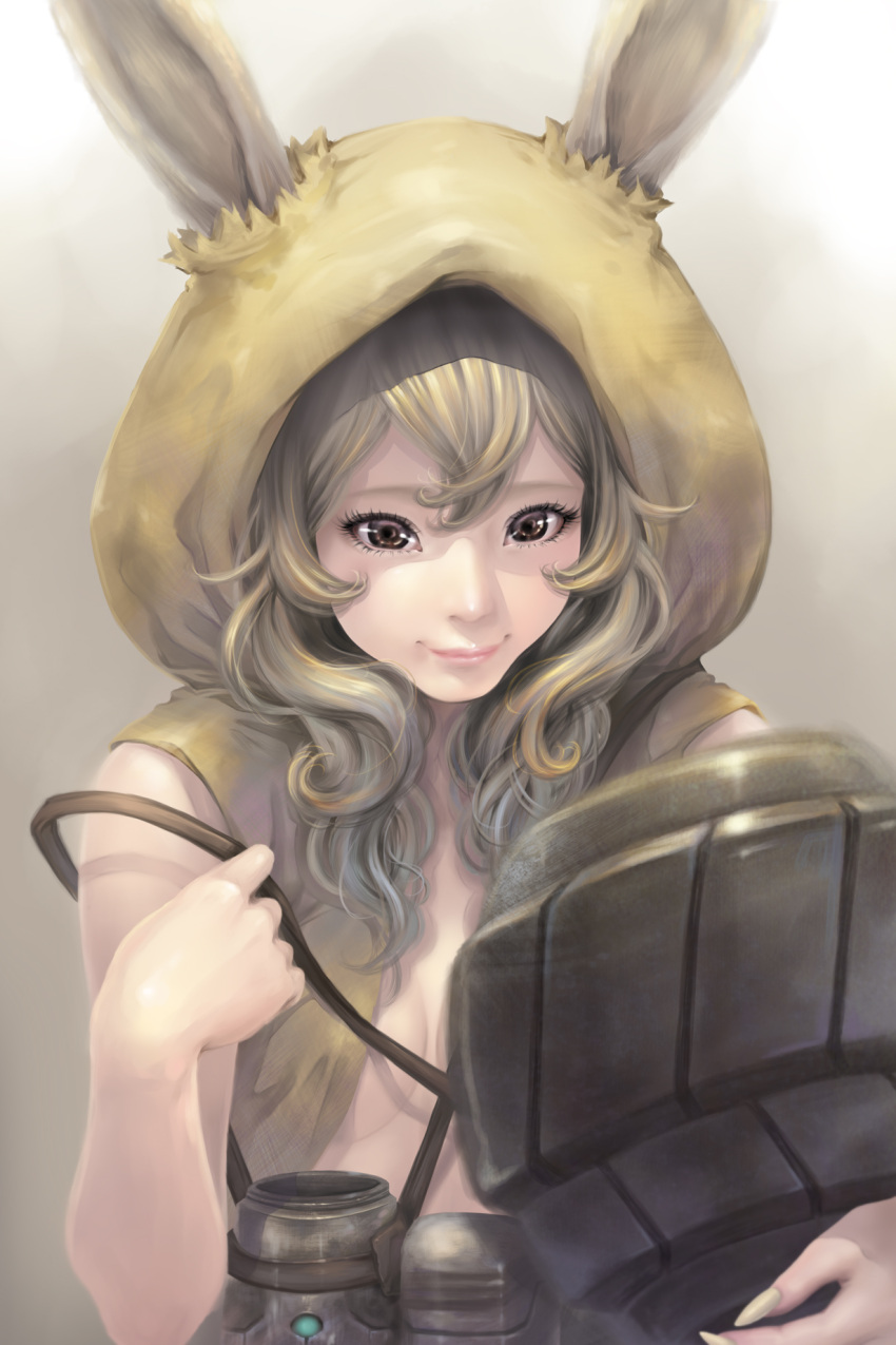 1girl, animal_ears, blonde_hair, breasts, brown_eyes, cleavage, highres, hood, lillipa, personification, phantasy_star, phantasy_star_online_2, poko_(mipoko)