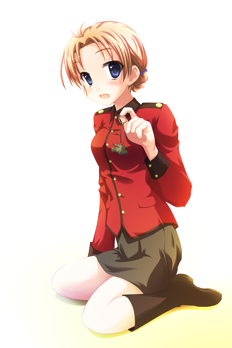 1girl, arm_support, blue_eyes, braid, girls_und_panzer, hair_ribbon, highres, holding