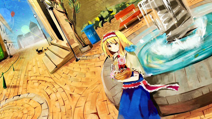 1girl, alice_margatroid, balloon, bench, blonde_hair, blue_bird, bucket, capelet, cat, cookie, door, fence, foliage, food, fountain, garbage_container, hairband, kitten, lamppost, road, sash, solo, stairs, street, sun, tamagogayu1998, tiles, touhou, tree, yellow_eyes