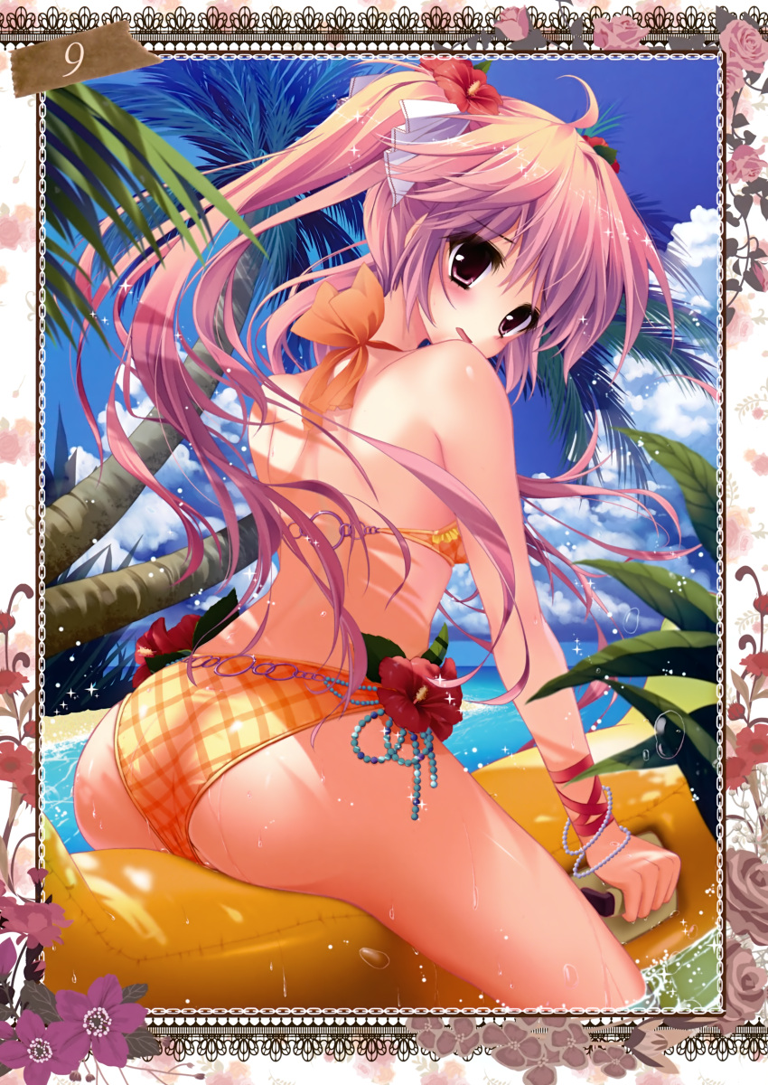 1girl, absurdres, ass, banana_boat, bikini, blush, bracelet, d: