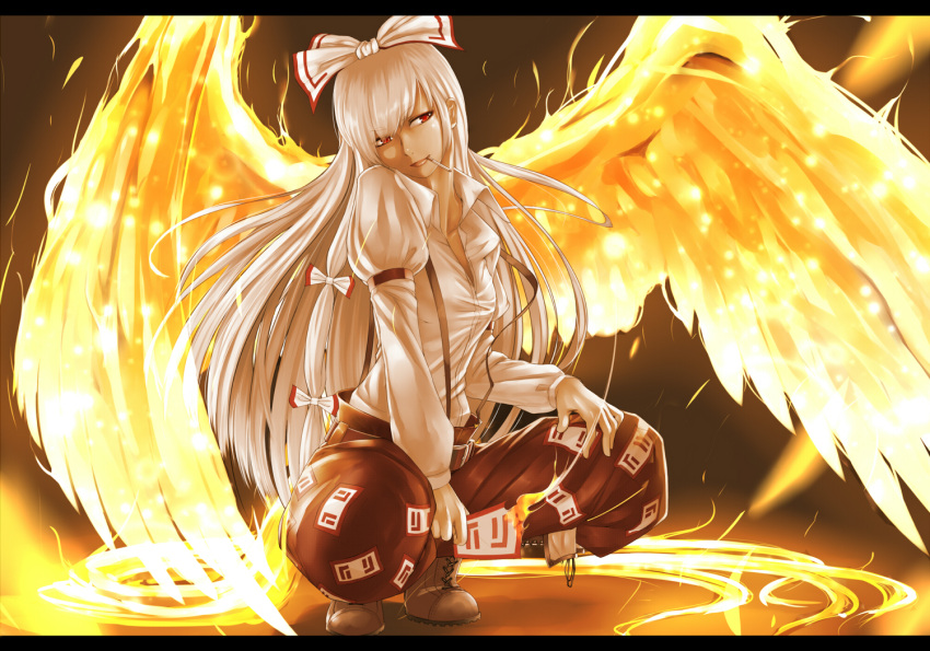 1girl, boots, bow, brown_boots, cigarette, cross-laced_footwear, embers, fiery_wings