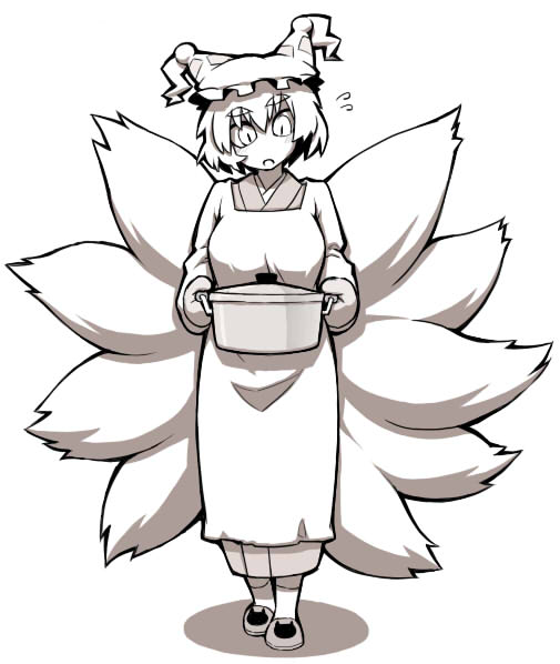 bad_id, fox_tail, hat, monochrome, multiple_tails, oven_mittens, oven_mitts, short_hair