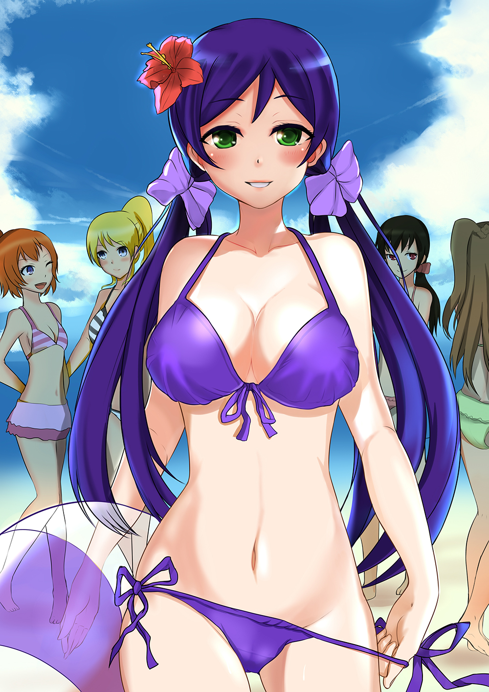 5girls, ayase_eli, ball, bikini, black_hair, blonde_hair, blue_eyes, breasts