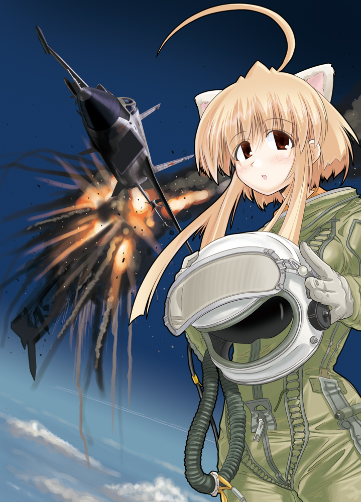 ahoge, airplane, animal_ears, bad_end, cloud, excel_(artist), explosion, flightsuit