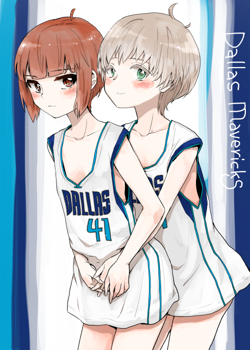 ahoge, basketball_uniform, blush, brown_hair, clothes_writing, dallas_mavericks, green_eyes, hug, hug_from_behind, kantai_collection, kuma_(crimsonvanilla), looking_at_viewer, multiple_girls, national_basketball_association, no_pants, short_hair, silver_hair, sportswear, z1_leberecht_maass_(kantai_collection), z3_max_schultz_(kantai_collection)