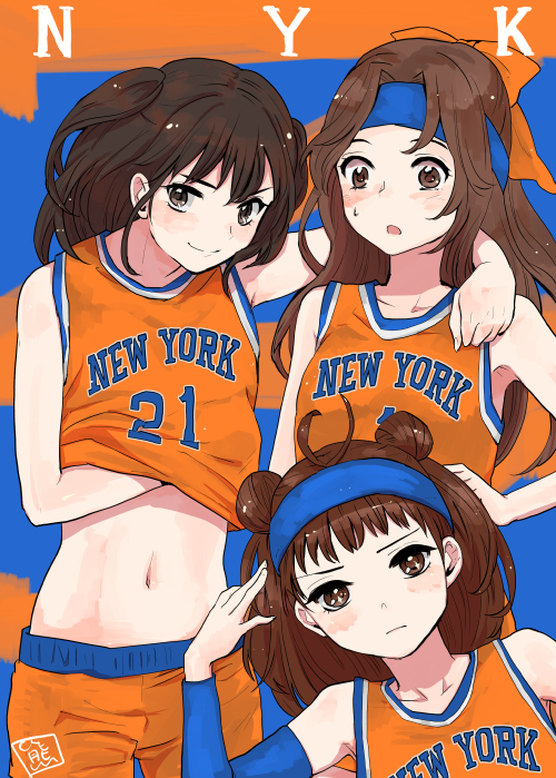 arm_around_shoulder, basketball_sleeve, basketball_uniform, blush, bow, brown_eyes, brown_hair, double_bun, hachimaki, hair_intakes, headband, jintsuu_(kantai_collection), kantai_collection, kuma_(crimsonvanilla), long_hair, multiple_girls, naka_(kantai_collection), national_basketball_association, navel, new_york_knicks, open_mouth, sendai_(kantai_collection), shirt_lift, short_hair, shorts, smile, sportswear, twintails
