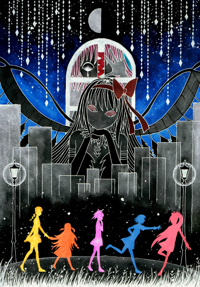 6+girls, akemi_homura, akuma_homura, bare_shoulders, black_gloves, black_hair, blonde_hair, blue_hair