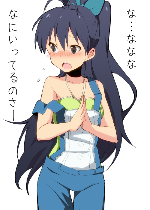 1girl, bare_shoulders, black_hair, blue_eyes, blush, bow, fang, ganaha_hibiki