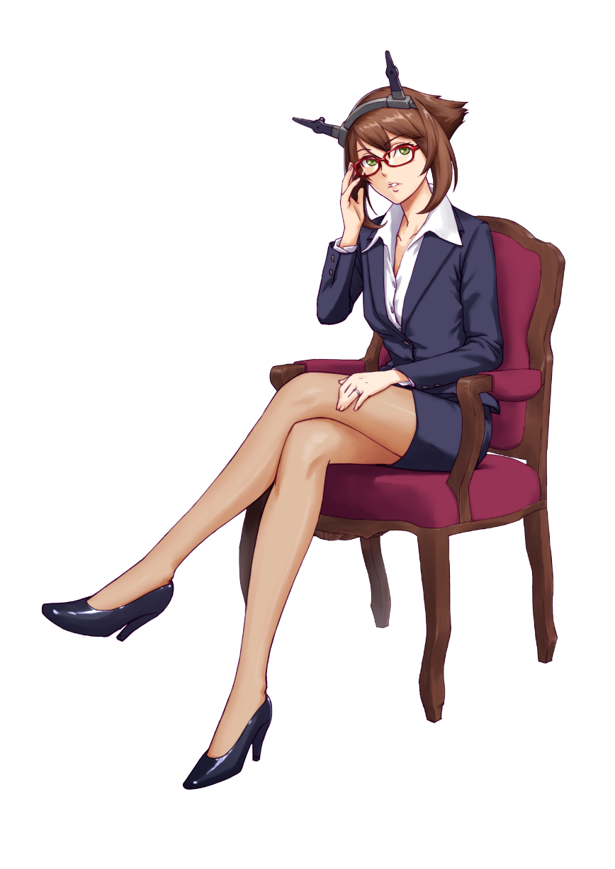 1girl, brown_hair, chair, crossed_legs, formal, glasses, green_eyes, high_heels, highres, jewelry, kaburagi_yuki, kantai_collection, legs, looking_at_viewer, mutsu_(kantai_collection), office_lady, parted_lips, red-framed_glasses, ring, short_hair, sitting, solo