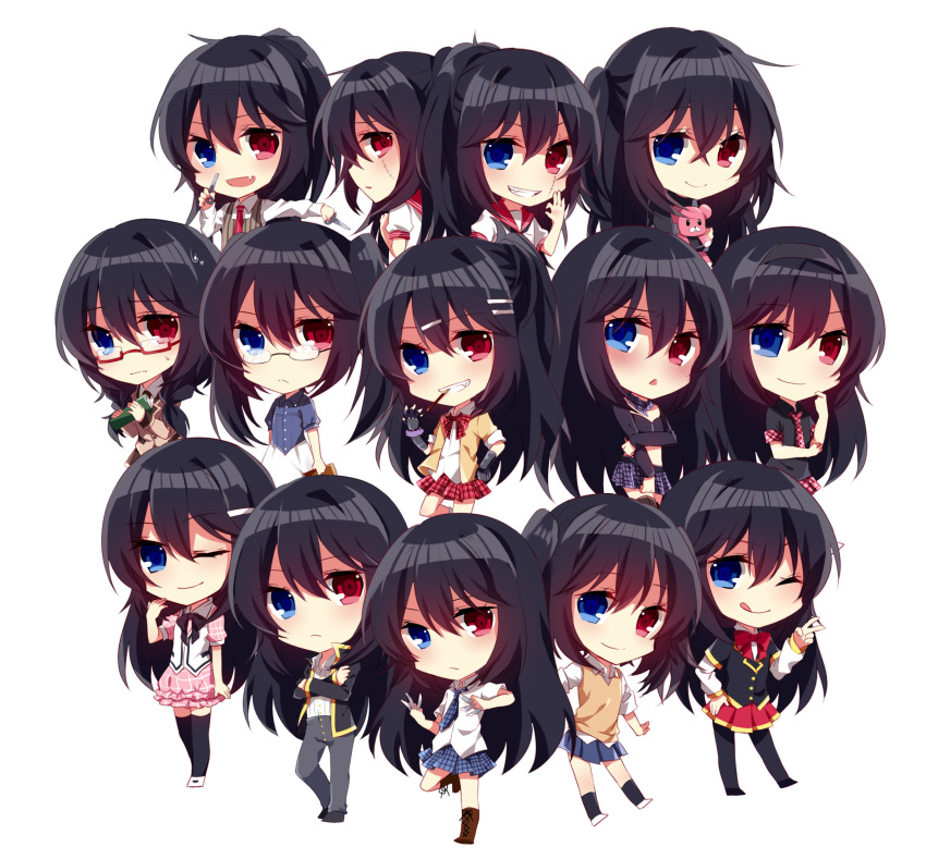 akuma_no_riddle, azuma_tokaku, banba_mahiru, banba_shin'ya, bellezza_felutia, black_hair, blue_eyes, cosplay, crossdressinging, crossover, felutiahime, glasses, hanabusa_sumireko, hashiri_nio, highres, ichinose_haru, inukai_isuke, jacket, kaminaga_kouko, kenmochi_shiena, long_hair, namatame_chitaru, one-person_show, original, parody, red_eyes, sagae_haruki, school_uniform, shirt, shutou_suzu, skirt, smile, takechi_otoya, trap
