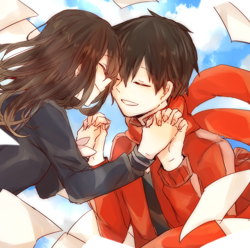 1boy, 1girl, black_hair, brown_hair, closed_eyes, forehead-to-forehead, hair_ornament, hairclip