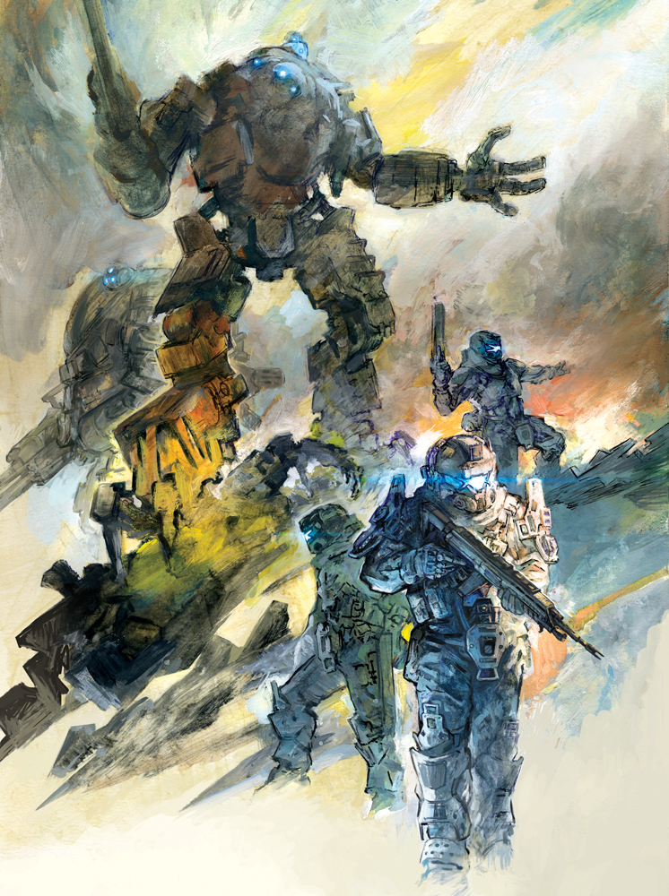 3boys, assault_rifle, atlas_(titanfall), gun, multiple_boys, ogre_(titanfall), rifle, titanfall, toron, trigger_discipline, weapon