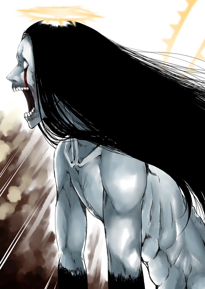 1boy, as_nodt, black_hair, bleach, blood, bloody_tears, halo, long_hair, looking_to_the_side, nude, sapphire_satou, screaming, solo, tears, white_eyes