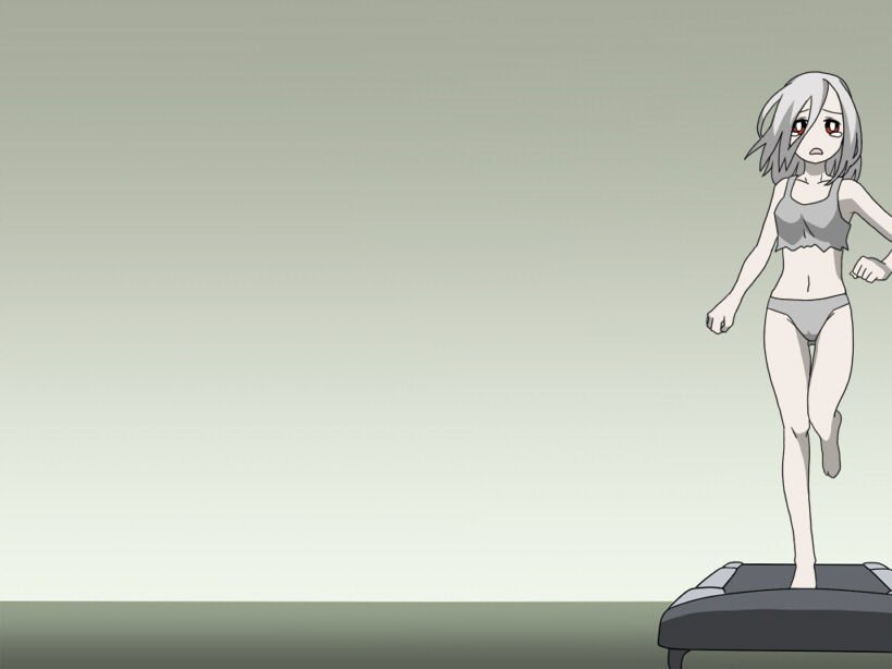 fight_ippatsu!_juuden-chan!!, flat_chest, grey_skin, left_4_dead, moyo_(moyori), panties, parody, red_eyes, running, silver_hair, tank_top, tears, treadmill, underwear, witch_(left4dead), zombie