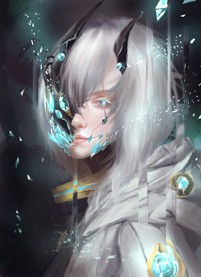 1girl, artist_request, blue_eyes, commentary, ellen_(pale_blue), eyelashes, horns, lips