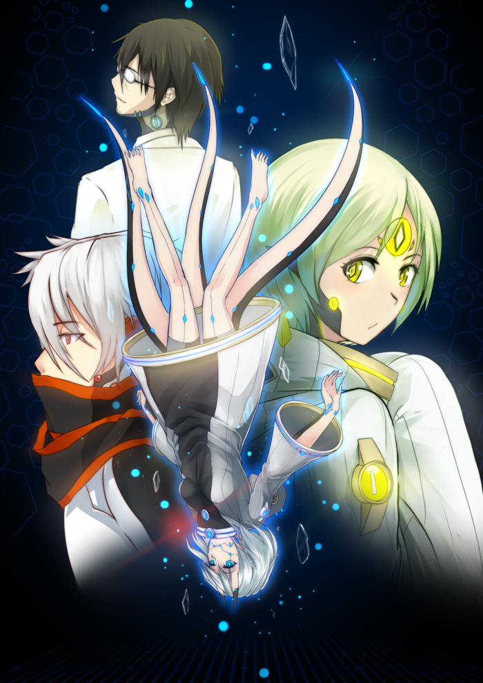 1girl, 2boys, black_hair, blue_eyes, commentary, ellen_(pale_blue), facial_hair, frei_(pale_blue)
