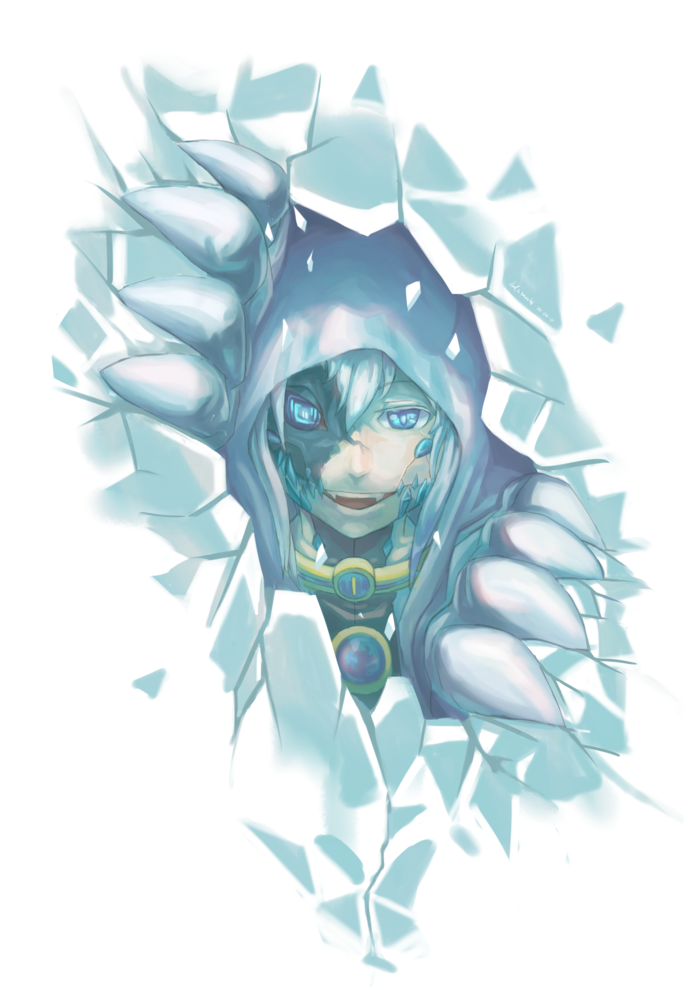 1girl, blue_eyes, claws, commentary, dimas_novan, ellen_(pale_blue), fangs, hood